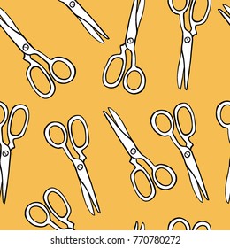 Seamless pattern with sketch style hand drawn scissors on orange background. Handmade, sewing, haircut, barber. 