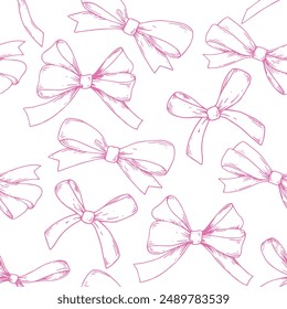 patrón sin costuras en estilo boceto. ilustración de lazos rosas, cinta de seda. símbolo de la lucha contra el cáncer de mama, feminidad