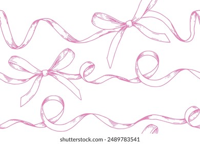 patrón sin costuras en estilo boceto. ilustración de lazos rosas, cinta de seda. símbolo de la lucha contra el cáncer de mama, feminidad