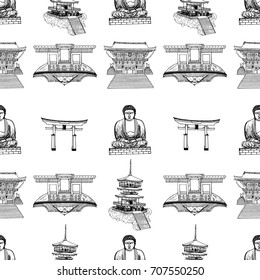 Seamless pattern of sketch style Japanese themed objects. Vector illustration isolated on white background.