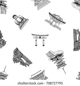 Seamless pattern of sketch style Japanese themed objects. Vector illustration isolated on white background.