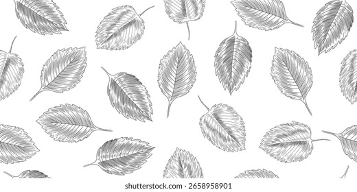 Seamless pattern with sketch style leaves. Black and white texture with hand drawn strawberry leaves isolated on white background