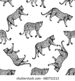 Seamless pattern of sketch style leopards. Vector illustration isolated on white background.