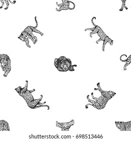 Seamless pattern of sketch style leopards. Vector illustration isolated on white background.