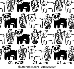 Seamless pattern of sketch style pandas and bear. Vector illustration isolated on white background.