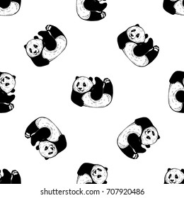 Seamless pattern of sketch style pandas. Vector illustration isolated on white background.