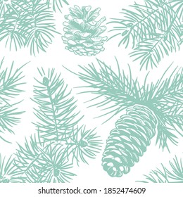 Seamless pattern with sketch style pine branches and cones.
