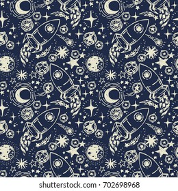 seamless pattern with sketch style stars, rockets, comets and planets, can be used for party or for space exploration program, vector illustration