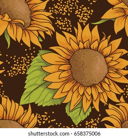 seamless pattern with sketch style sunflowers, vector illustration