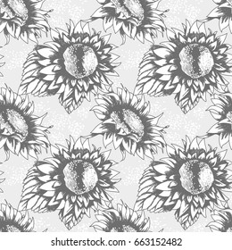 seamless pattern with sketch style sunflowers, vector illustration