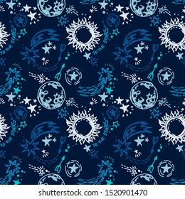 Seamless pattern with sketch style suns, comets, stars and planets, deep blue colors, vector illustration