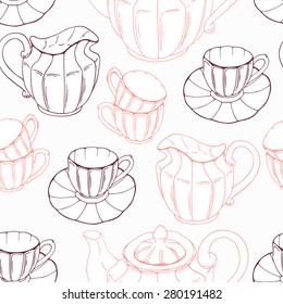 Seamless pattern with sketch style tea service and leaves. Vector illustration. Kitchen background
