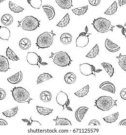 Seamless pattern of sketch style tropical fruits. Vector illustration.