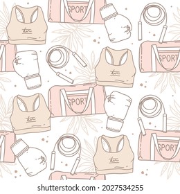 Seamless pattern in sketch style, vector illustration. Sportswear and equipment. Sports top, bag, boxing glove and jump rope. Sports, fitness. Health care, beautiful figure. Background design, print.