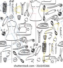 Seamless pattern.  sketch  tailoring equipment, mannequin,  sewing machine. 