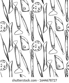 Seamless pattern with sketch tools for pottery with hatching on white background. Hobbies and workshop. Cutter, wire, sponge. Vector textile for wallpaper, backdrop and your creativity.