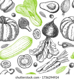 Seamless pattern with sketch of vegetables. Vegetables background. Healthy food.  Vegetables on white background. Vector illustration