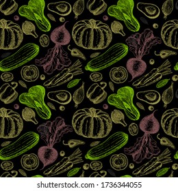 Seamless pattern with sketch of vegetables. Vegetables background. Healthy food.  Vegetables on the black background. Vector illustration