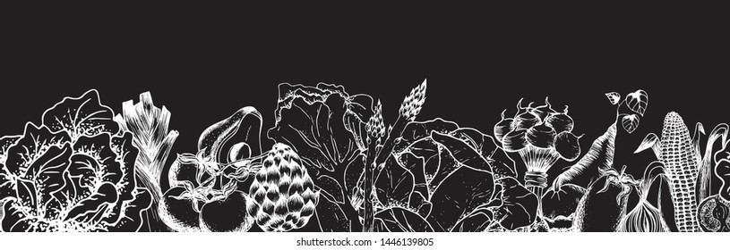 Seamless pattern with sketch of vegetables on blackboard background. Vintage hand drawn sketch vector illustration. Linear graphic. Perfect for any food, gardening or agriculture related designs, rest