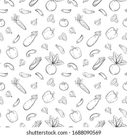 Seamless pattern with sketch vegetables in retro style. Tomato, garlic, eggplant, cucumber, corn, peas, beet, carrot, broccoli, bell pepper and chili. Vector illustration