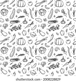 Seamless pattern with sketch vegetables in retro style. Tomato, garlic, eggplant, cucumber, corn, peas, beet, carrot, broccoli, bell pepper and chili. Vector illustration