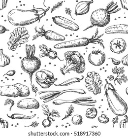 Seamless pattern with sketch of vegetables and spices. 