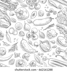 Seamless pattern with sketch of vegetables and spices.