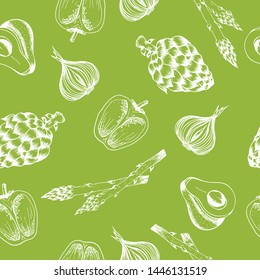 Seamless pattern with sketch of vegetables. Vintage hand drawn sketch vector illustration. Linear graphic. Perfect for any food, gardening or agriculture related designs, restaurant menus, retro logos