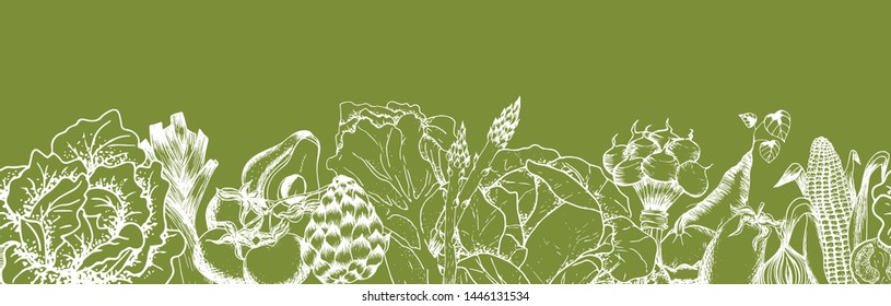 Seamless pattern with sketch of vegetables. Vintage hand drawn sketch vector illustration. Linear graphic. Perfect for any food, gardening or agriculture related designs, restaurant menus, retro logos