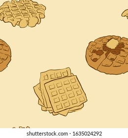 Seamless pattern of sketched Belgian waffle bread. Useable for wallpaper or any sized decoration. Handdrawn Vector Illustration