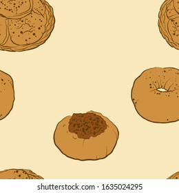 Seamless pattern of sketched Bialy bread. Useable for wallpaper or any sized decoration. Handdrawn Vector Illustration