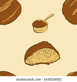 Seamless pattern of sketched Boule bread. Useable for wallpaper or any sized decoration. Handdrawn Vector Illustration