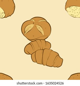 Seamless pattern of sketched Bread roll bread. Useable for wallpaper or any sized decoration. Handdrawn Vector Illustration