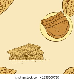 Seamless pattern of sketched Flatbrød bread. Useable for wallpaper or any sized decoration. Handdrawn Vector Illustration