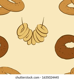 Seamless pattern of sketched Bublik bread. Useable for wallpaper or any sized decoration. Handdrawn Vector Illustration