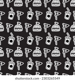 Seamless pattern with sketched burger, cheeseburger or hamburger. Background template for fast food.