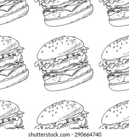 Seamless pattern with sketched burger, cheeseburger or hamburger. Wrapping paper template for fast food restaurant. Hand drawn food background. Vector illustration