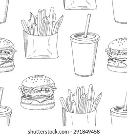 Seamless pattern with sketched burger, french fries and milk shake. Background template for fast food restaurant design. Hand drawn food background. Vector illustration