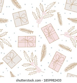 Seamless pattern with sketched Christmas or new year elements. Gold Gift boxes, Holly Berry, evergreen branches. Hand drawn design for wallpaper, wrapping, manufacturing. Winter repeated background