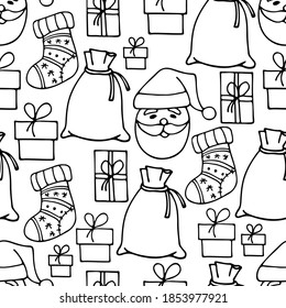 Seamless pattern with sketched Christmas Socks, Santa Claus face, gift boxes, gift bag. Holiday pattern. Hand drawn design for wallpaper, wrapping, print, manufacturing. Winter repeated background