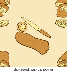 Seamless pattern of sketched Ciabatta bread. Useable for wallpaper or any sized decoration. Handdrawn Vector Illustration