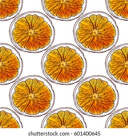 Seamless pattern with sketched citrus fruit orange slice. Hand drawn background. May used for Paper Print, Fabric Print. Vector illustration