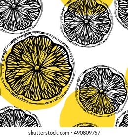 seamless pattern with sketched citrus fruits and lemon slice. Hand drawn line art lemon slice.