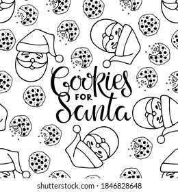 Patrón sin problemas con cookies esbozadas, Cara de Santa Claus, Cookies de texto manuscrito para Santa. Para la cafetería, menú, arte mural. Icono y texto de la galleta de chocolate recién horneada. Patrón de vacaciones.