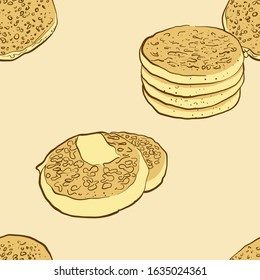 Seamless pattern of sketched Crumpet bread. Useable for wallpaper or any sized decoration. Handdrawn Vector Illustration