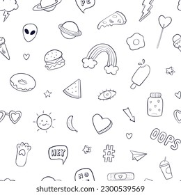 patrón sin fisuras con doodles esbozados sobre fondo blanco para papel envolvente, impresiones textiles, scrapbooking, páginas de coloreo, papel estacionario, papel tapiz, etc. EPS 10