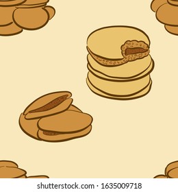 Seamless pattern of sketched Dorayaki bread. Useable for wallpaper or any sized decoration. Handdrawn Vector Illustration