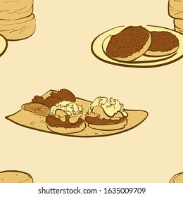 Seamless Pattern Of Sketched English Muffin Bread. Useable For Wallpaper Or Any Sized Decoration. Handdrawn Vector Illustration