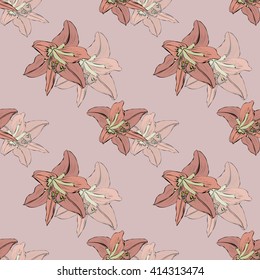Seamless pattern with sketched flowers on pink background