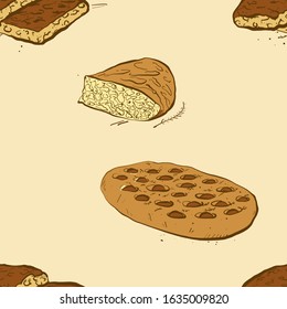 Seamless pattern of sketched Focaccia bread. Useable for wallpaper or any sized decoration. Handdrawn Vector Illustration